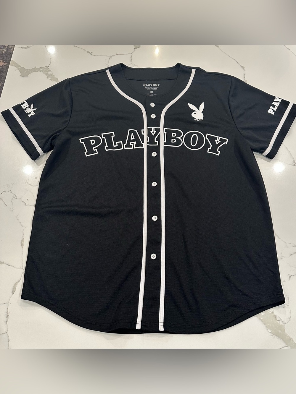 Playboy Black White Baseball Jersey Mens XL Lightweight Button Up Bunny Logo